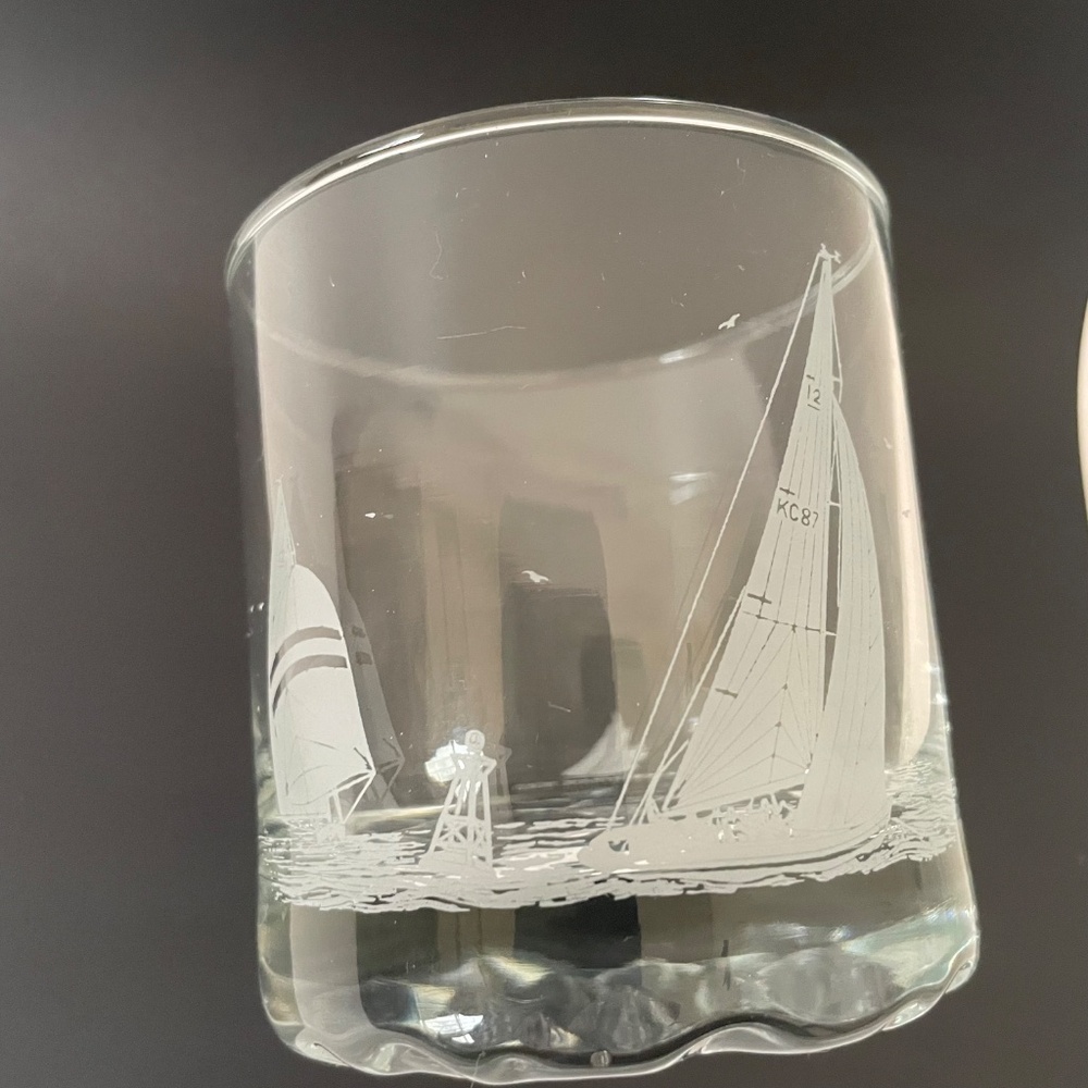 Vntg True North Franc Nord Etched Nautical Sailboat Rocks Whisky Glass Set of 6